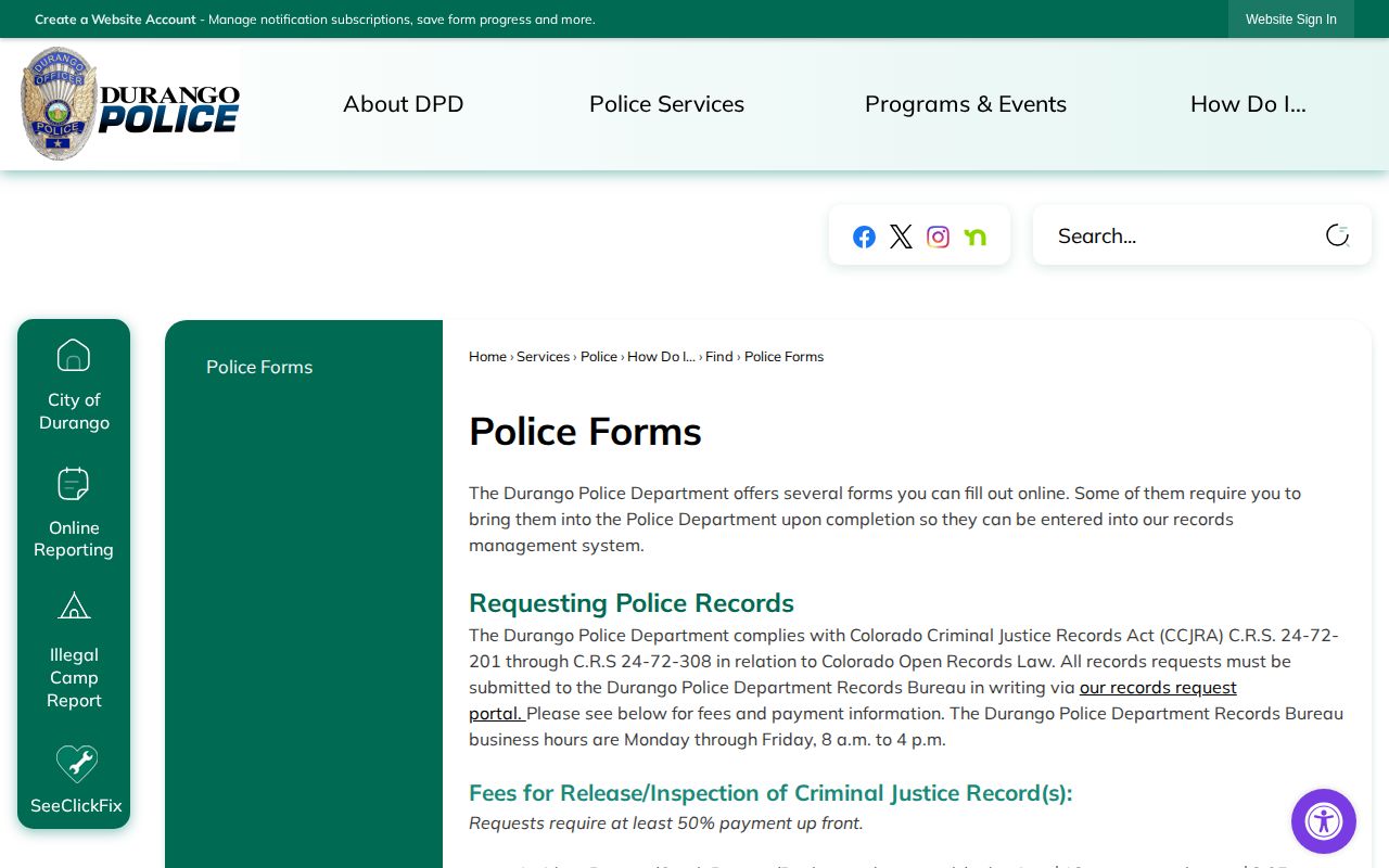 Durango Police arrest records request page for La Plata County bookings