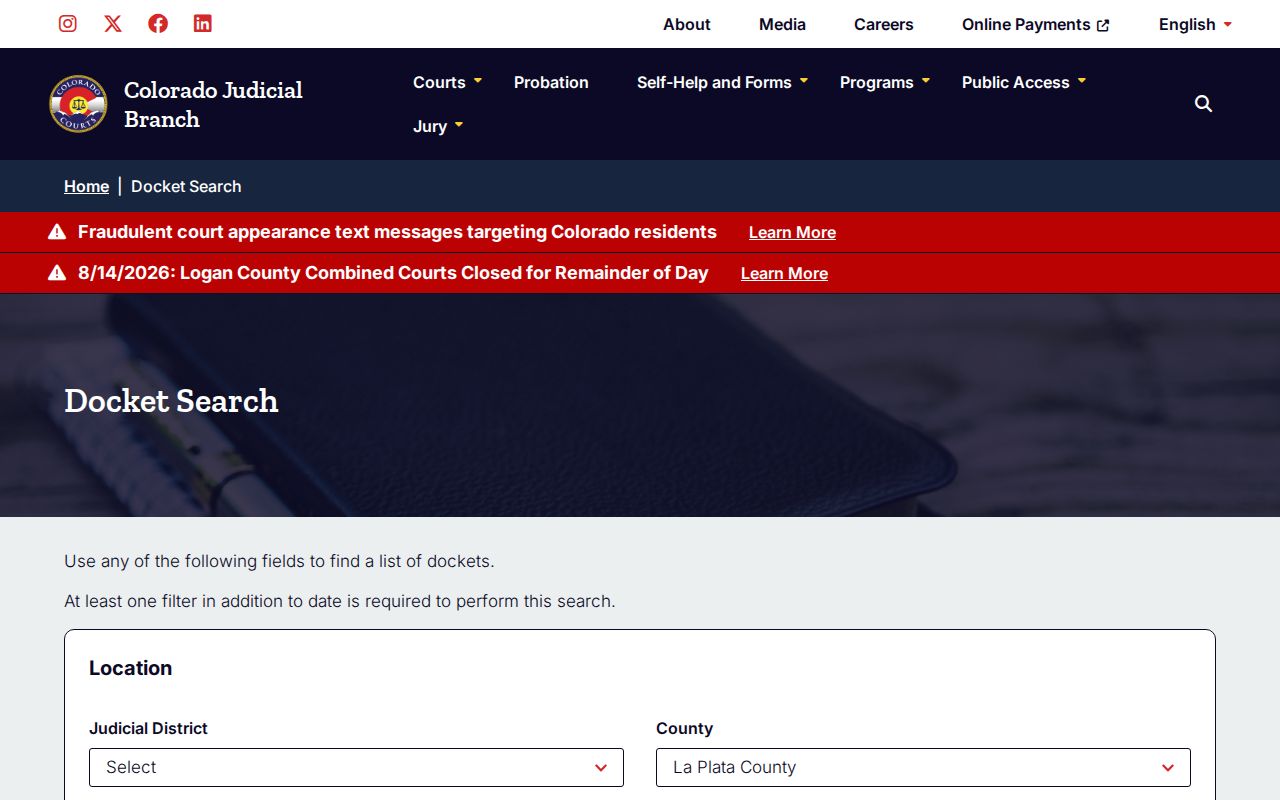 La Plata County court docket search for arrest disposition records