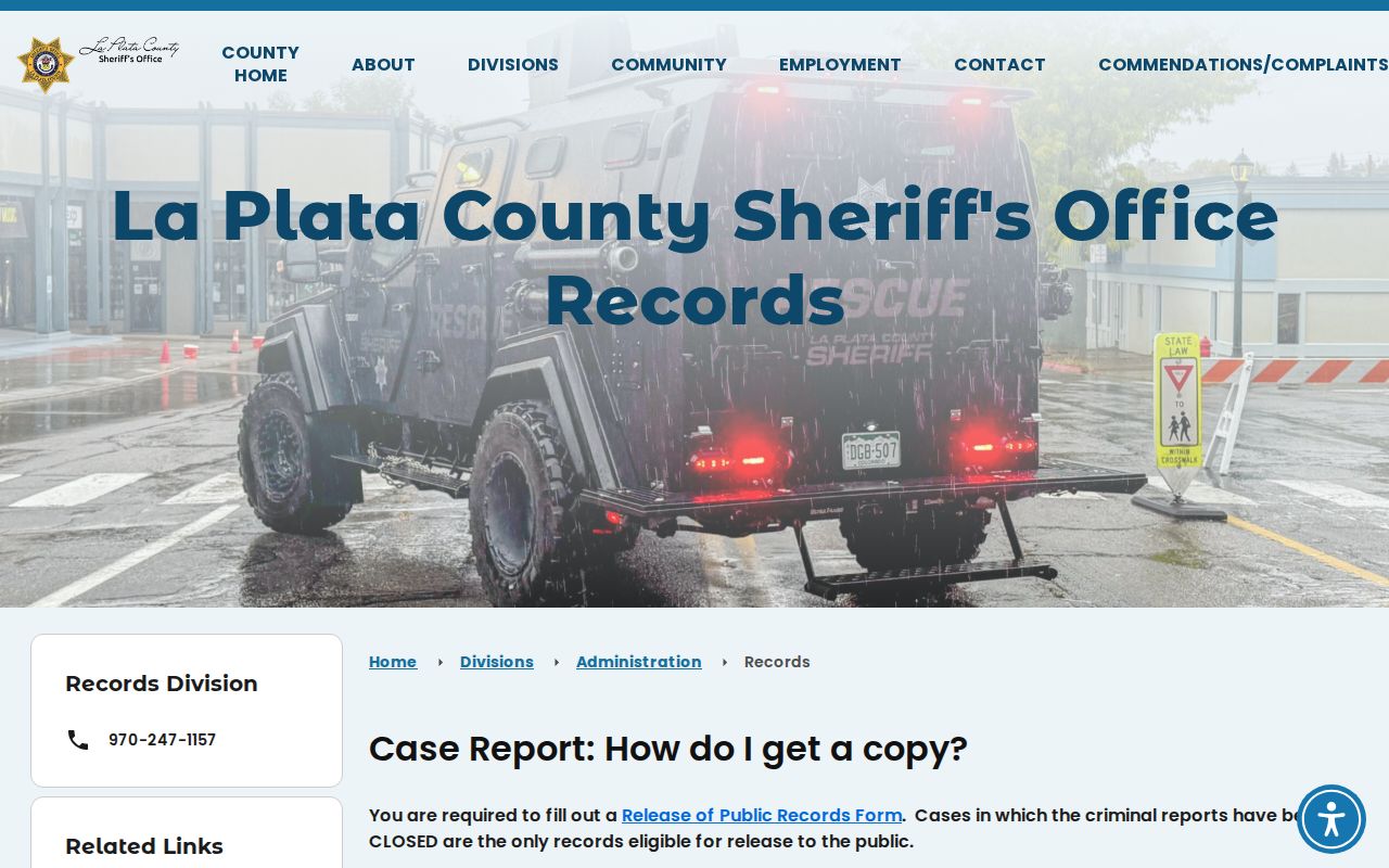 La Plata County booking record request policy and fee page
