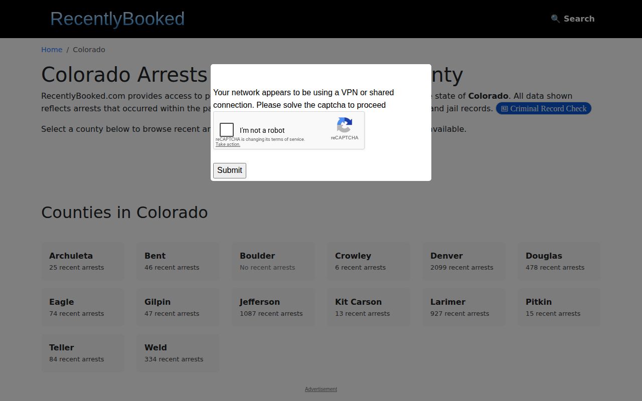 Unofficial RecentlyBooked Colorado index without a La Plata County arrest section