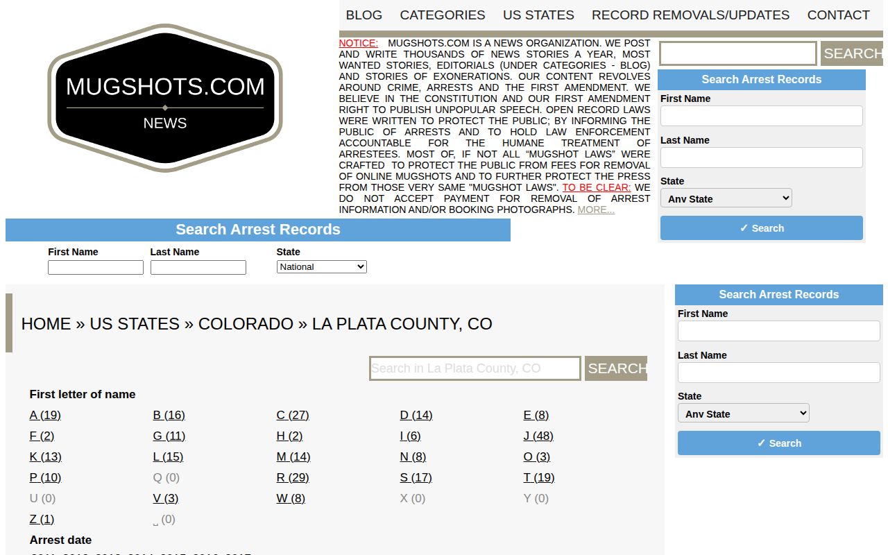 Unofficial historical Mugshots.com La Plata County arrest index